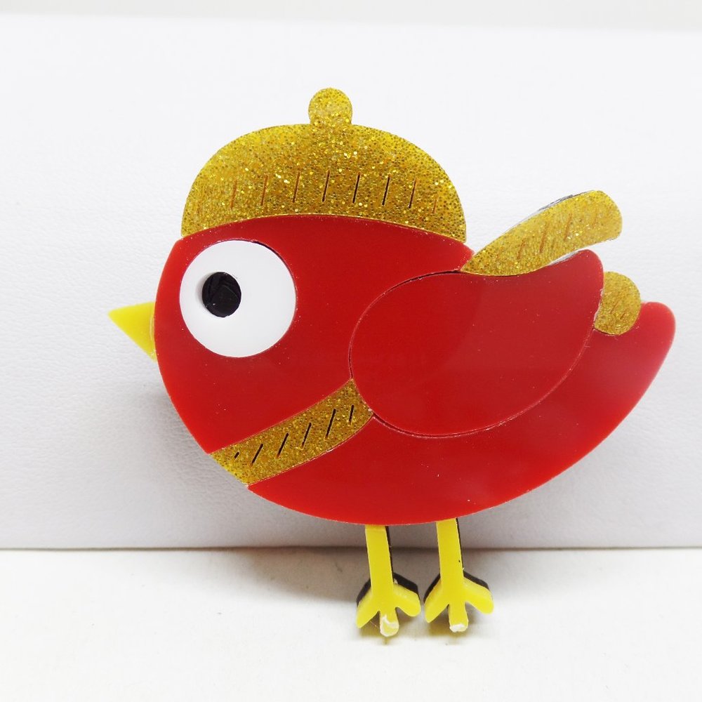 Adorable Acrylic Cardinal with Hat Brooch Limited Edition